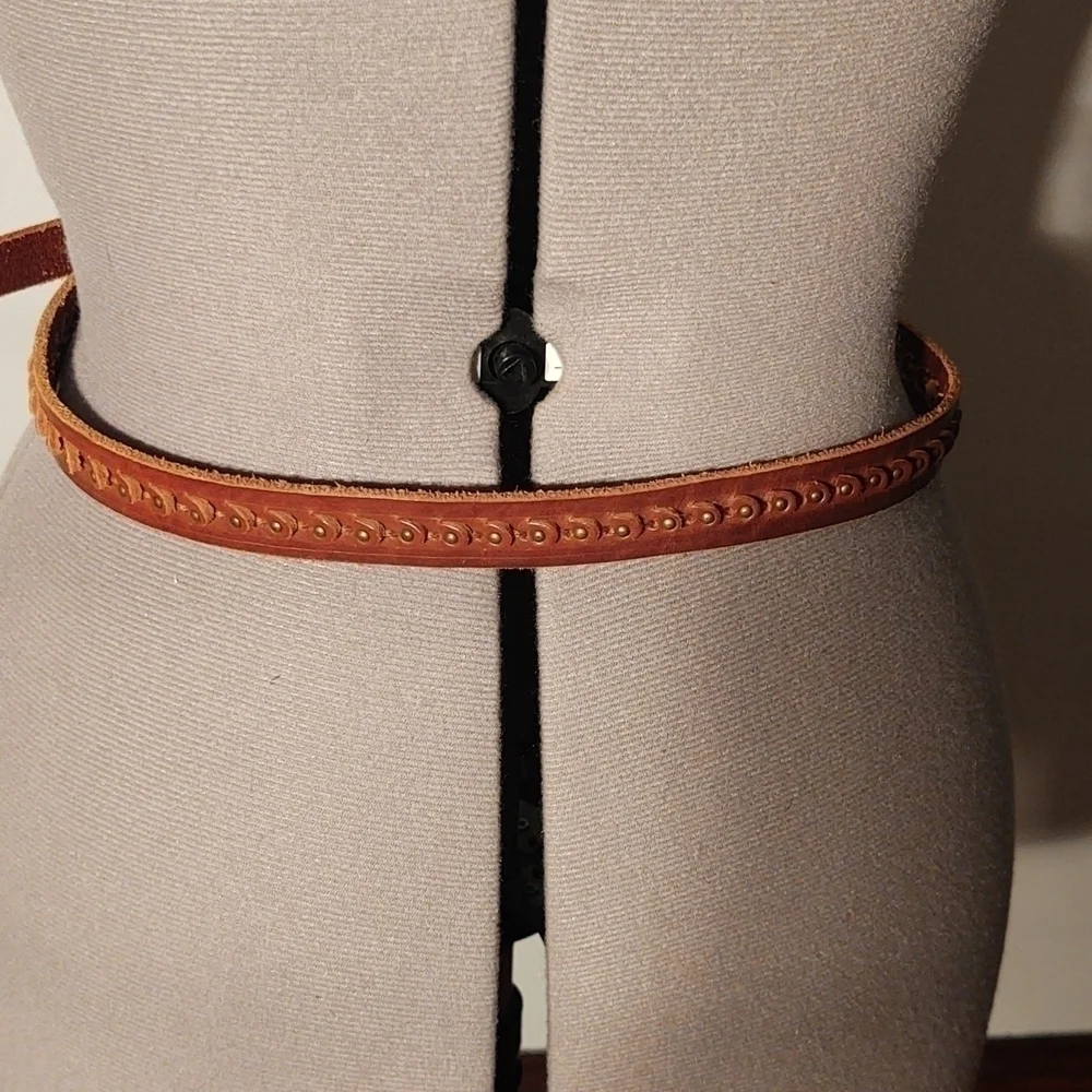 Brown Genuine Leather Thin Belt with Raised Design and Metal Rivets Sz S